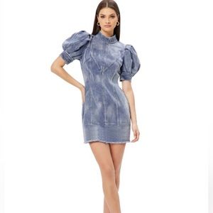 elliatt ocean denim cotton high neck puff sleeve mini summer dress size XS NEW